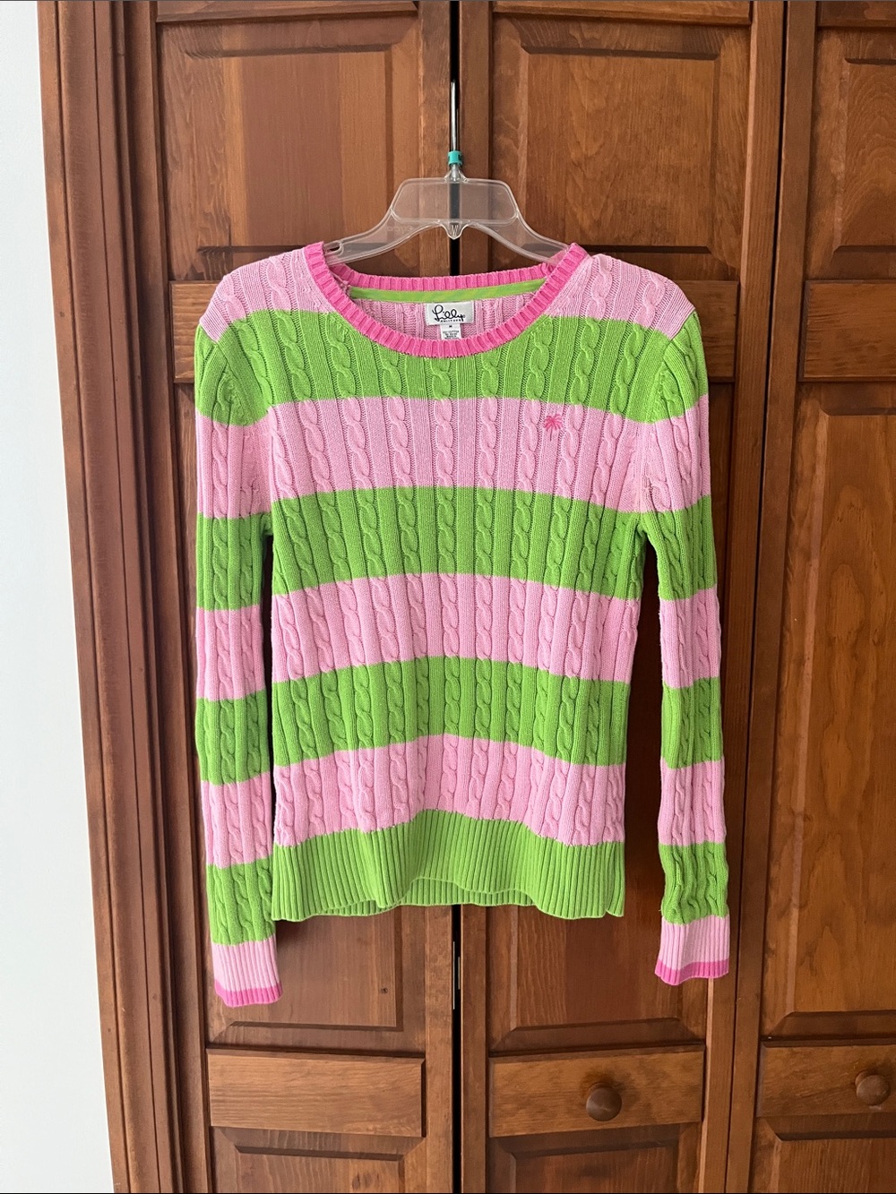 Vintage Lilly Pulitzer Pink & Lime Green Cable-Knit Stripe Crewneck Sweater | M
